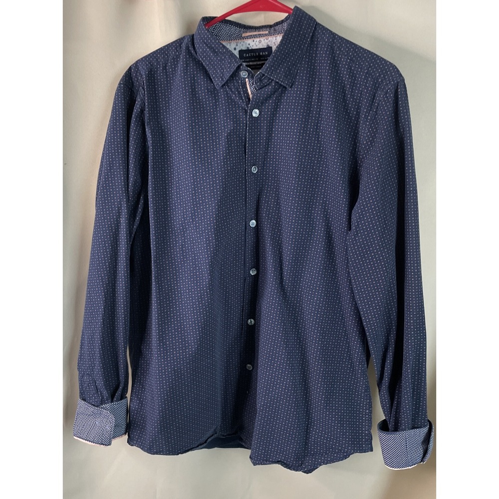 Cactus Man Mens‎ Large Button Down Shirt Navy Blue Geometric Micro Print Cotton